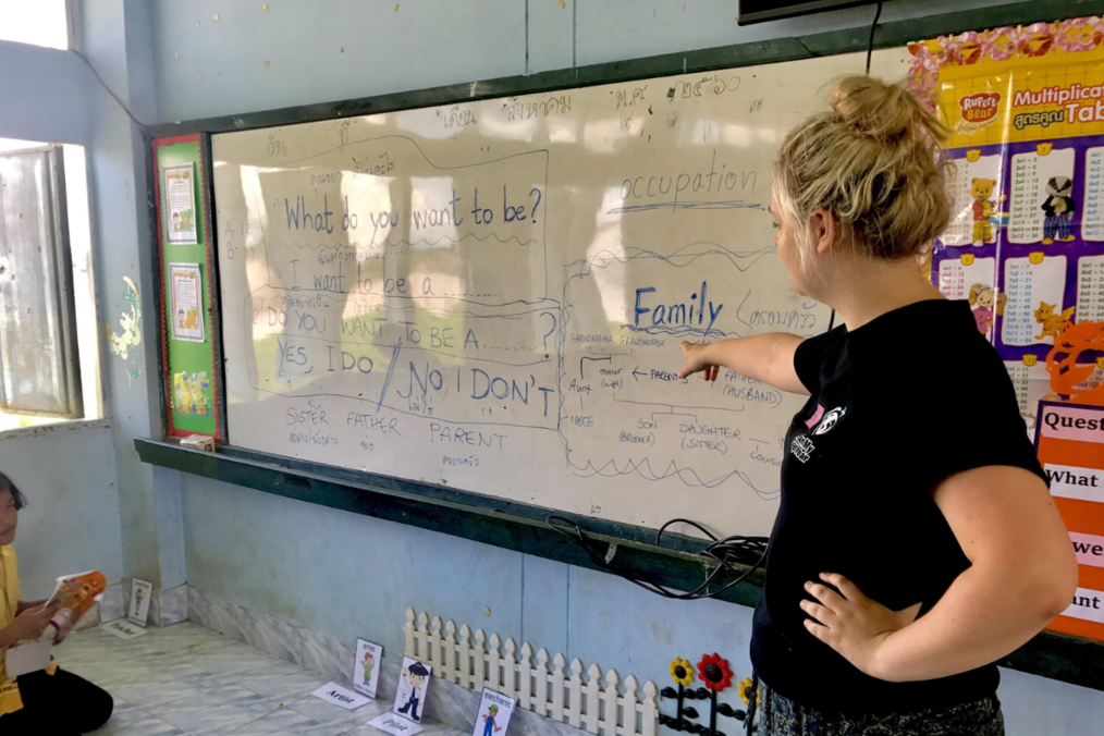 Teacher pointing to whiteboard during class